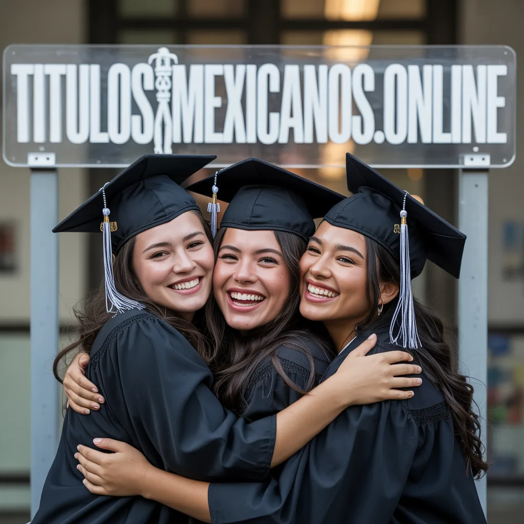 Títulos universitarios en Monterrey Nuevo León con diplomas, birrete y fondo urbano de la ciudad moderna