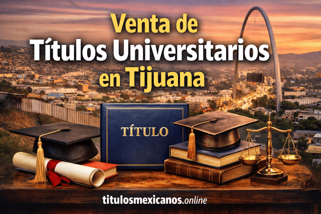 Venta de títulos universitarios en Tijuana México con diplomas, birretes y fondo panorámico de la ciudad al atardecer